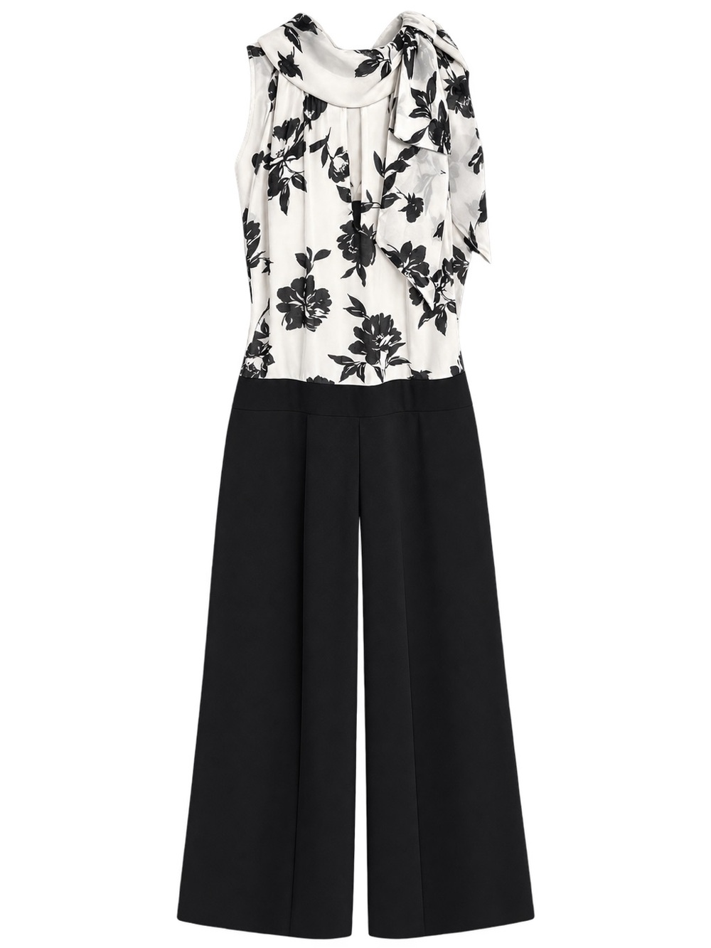 White House Black Market Black & White Floral Scarf-Neck Jumpsuit